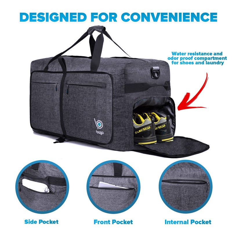 Bago Large Foldable Duffel Bags for Traveling Women & Men - 100L Packable Duffle Bag for Travel with Shoe Compartment - Water Repellant, Heavy Duty, Lightweight Folding & Collapsible (SnowBlack) - Image 4